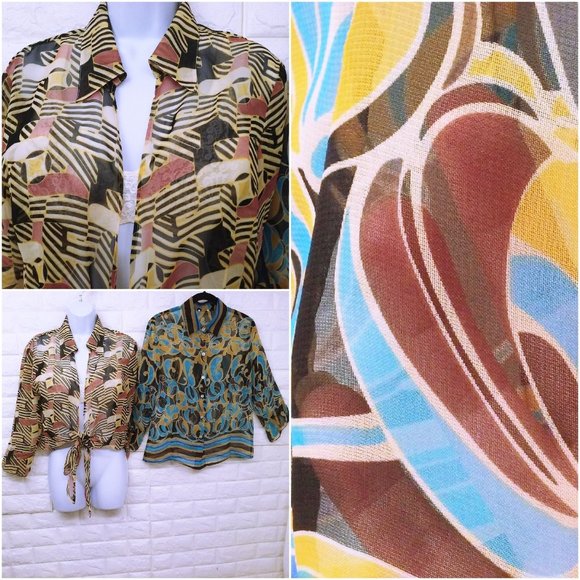 Lot of 2 Tops Sheer Blouses Geometric Patterned -M(10) Open-Front Button-up - Picture 1 of 13